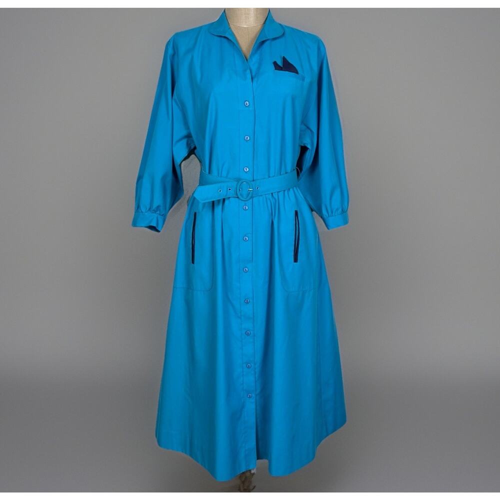 Vintage Willi of California Teal Blue Belted Shirt Dress Size 4 Secretary